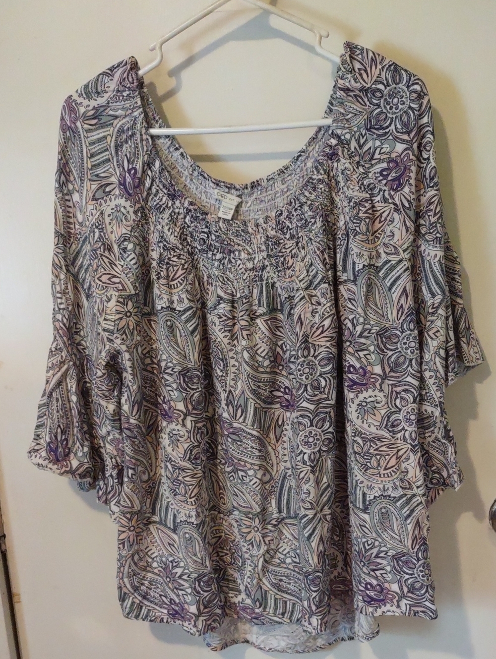 Cato Lavender and Cream Paisley Peasant Top